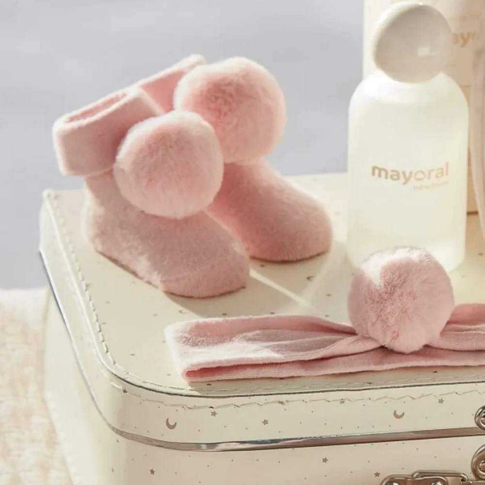 3M💗 Mayoral Pink Pom Pom Baby Sock Booties and Headband Set Organic Cotton Set